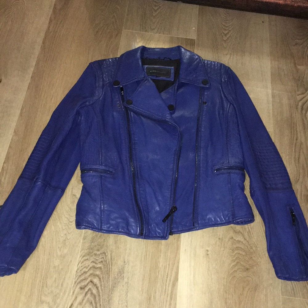 BCBGMAXAZRIA REAL LEATHER BLUE ASYMMETRIC COLLAR MOTO JACKET EUC